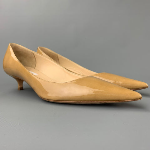 JIMMY CHOO Zapatos de salón con tacón de gatito en charol beige Talla 10