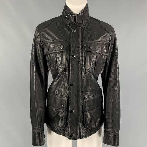 RALPH LAUREN Black Label Talla 2 Chaqueta de piel de cordero perforada de cuero negro