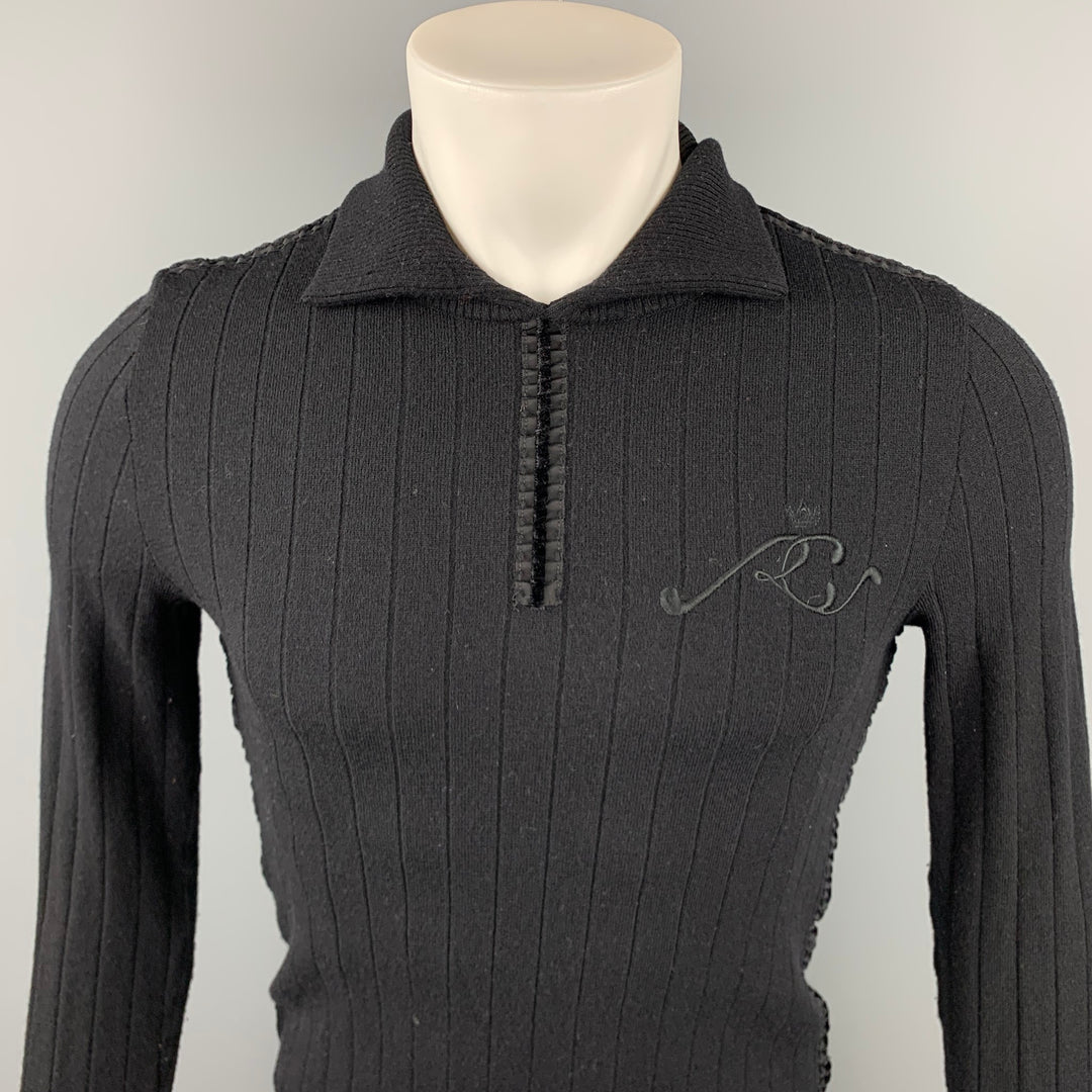 ROBERTO CAVALLI Talla M Jersey negro con cuello extendido en mezcla de lana acanalada