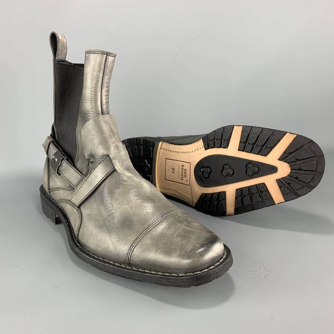 NEIL BARRETT Size 7 Gray Antique Leather Strap Detail Ankle Boots
