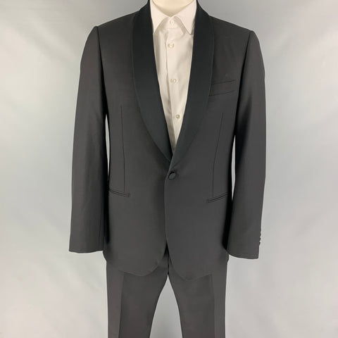 PAL ZILERI Size 40 Black Mixed Fabrics Wool Single Button Tuxedo Suit