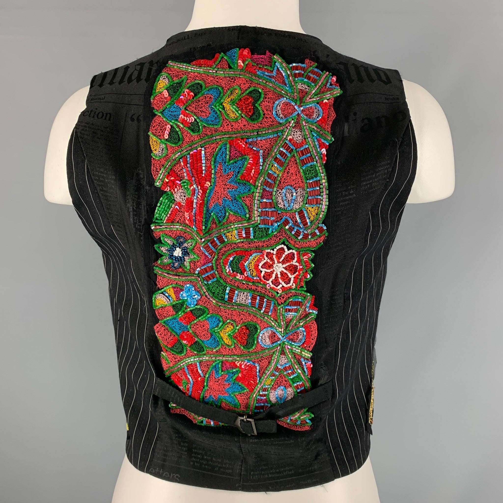 JOHN GALLIANO Size M Black & Red Gold Pinstripe Newspaper Vest