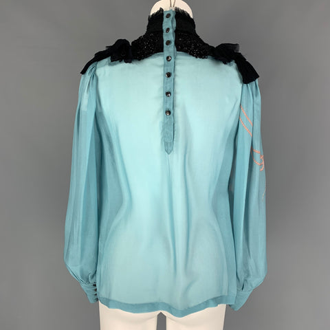 DRIES VAN NOTEN 2016 Size 4 Blue Black Beaded Silk Mock Neck Blouse