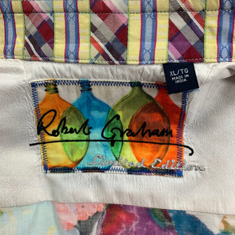 ROBERT GRAHAM Edición limitada Talla XL Camisa de manga larga bordada de algodón abstracto multicolor
