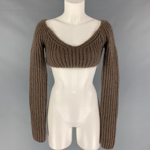 FENDI Size 2 Taupe Mohair Silk Knitted Off The Shoulder Cropped Top