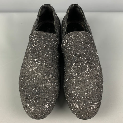 JIMMY CHOO Size 8 Black Glitter Leather Loafers