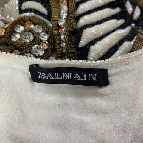 BALMAIN SS 2012 Size 8 White Black Gold Silk Beaded Sleeveless Dress Top