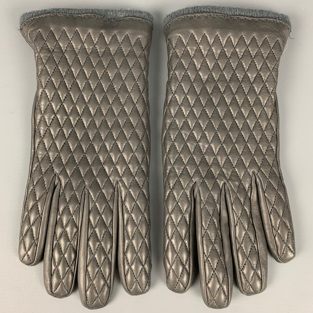 CARIDEI Size 8.5 Grey Quilted Leather Cashmere Gloves