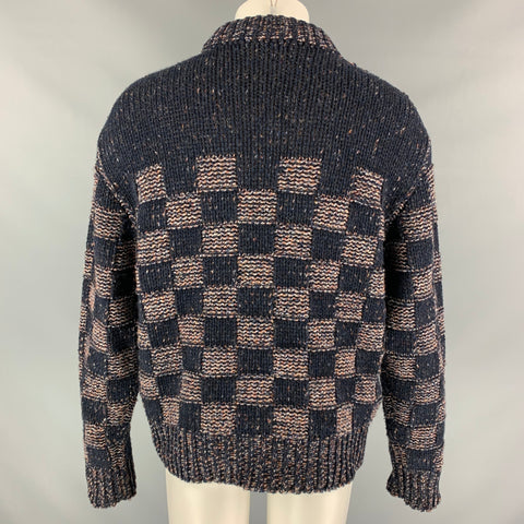 MARNI Size XS Navy & Brick Knitted Checkered Wool Crew-Neck Sweater