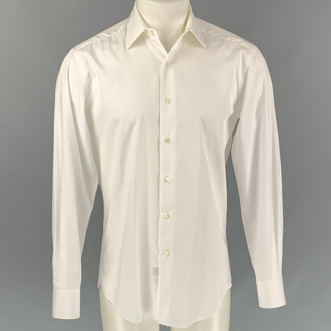 LANVIN Size M White Textured Cotton Button Down Long Sleeve Shirt