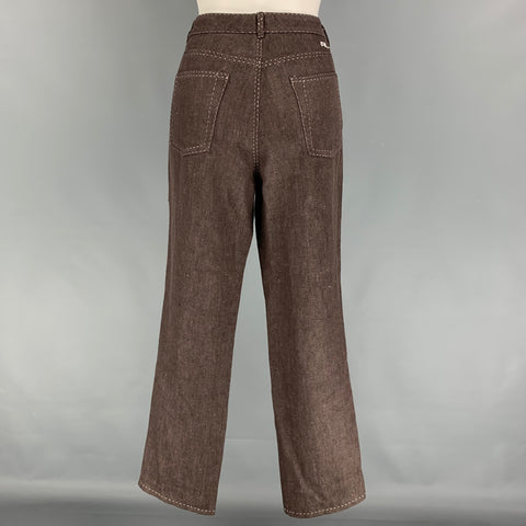 RALPH LAUREN Talla 10 Pantalones casuales de mezclilla con puntada en contraste de lino blanco marrón