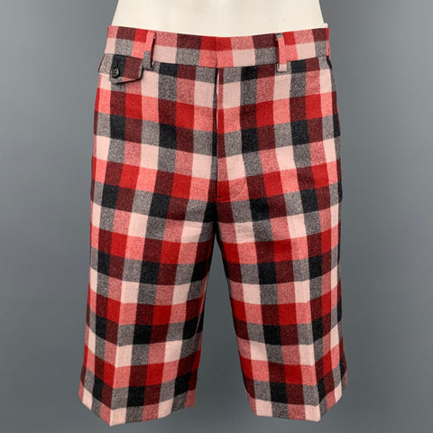 BLACK FLEECE Size 42 Red & Grey Plaid Wool Notch Lapel Shorts Suit