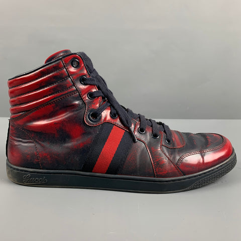 GUCCI Size 9.5 Red Navy Marbled Leather High Top Sneakers