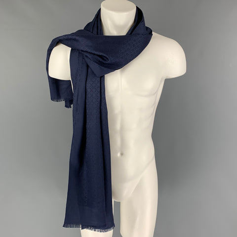 SALVATORE FERRAGAMO Navy Logo Silk Wool Jacquard Scarf