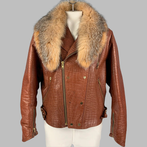 JAKE WOOD Taille XL Veste motard en cuir gaufré marron