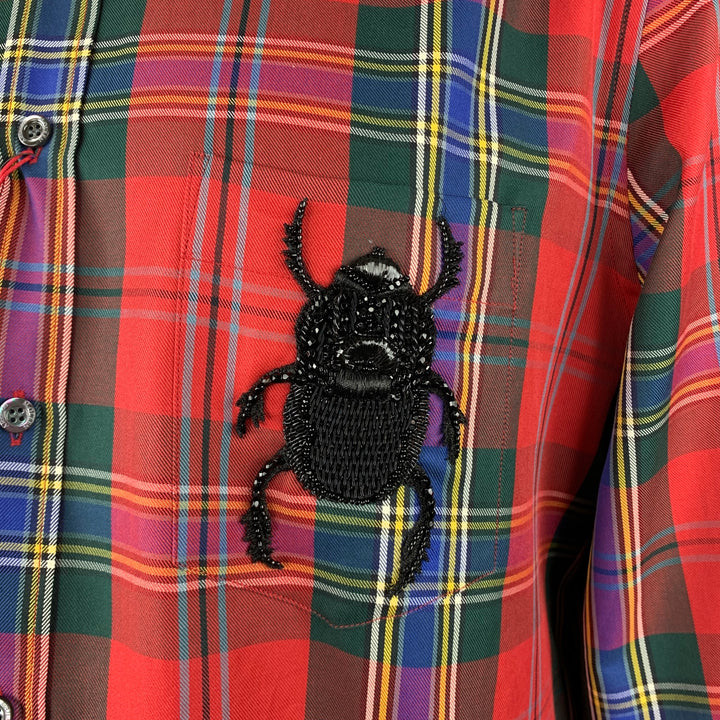 ALEXANDER MCQUEEN Taille XL Multi-Color Tartan Cotton Beetle Patch Button Down Chemise à manches longues