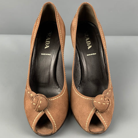 PRADA Size 6.5 Brown Suede Peep Toe Pumps