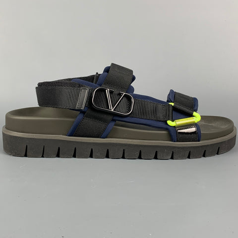 VALENTINO Size 12 Black & Navy Color Block Straps Sandals
