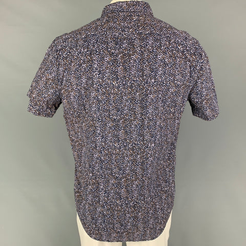 BP. Size L Navy Orange Print Cotton Button Up Short Sleeve Shirt