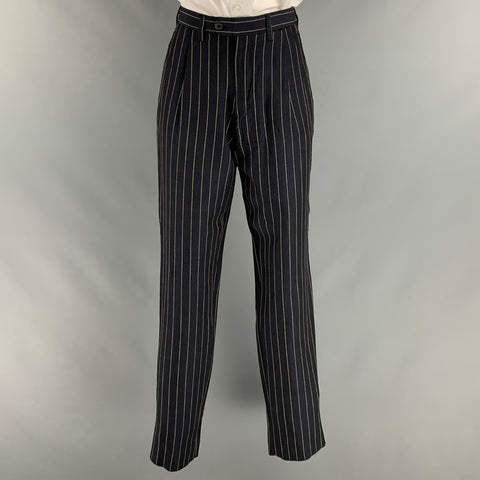 PRADA Size 34 Navy Cream Pinstripe Viscose Linen Pleated Suit