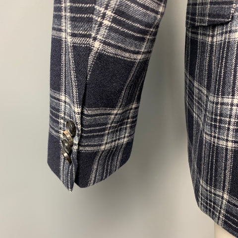 HUGO BOSS Size 38 Regular Navy & Grey Plaid Cashmere / Silk Sport Coat