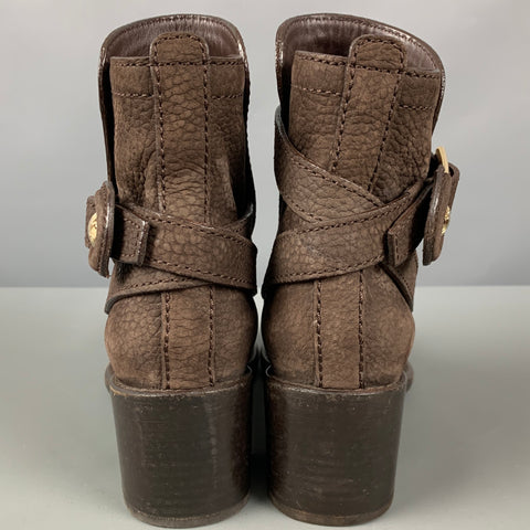 LOUIS VUITTON Talla 5.5 Botas de tacón grueso de cuero marrón con grano de guijarro