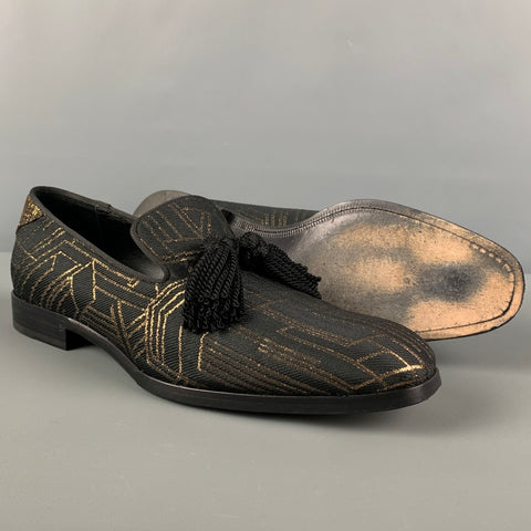 JIMMY CHOO Size 9 Black Gold Metallic Leather Slip On Loafers