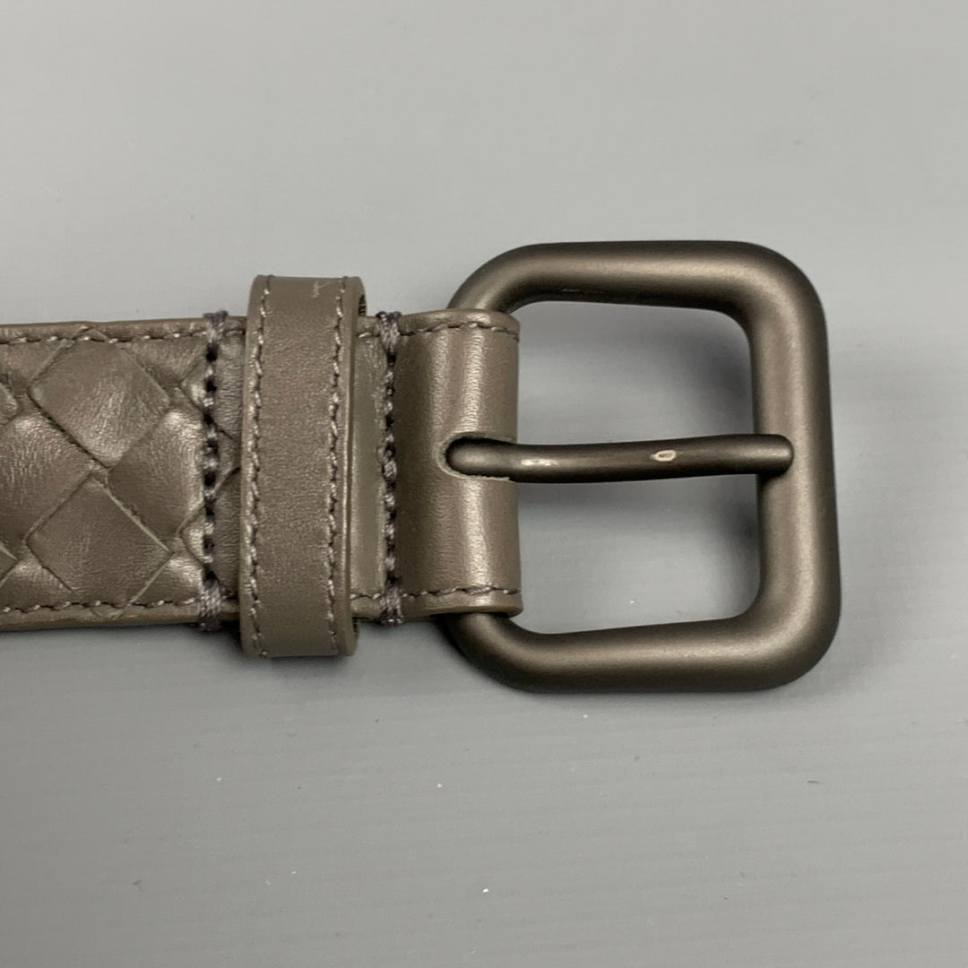 BOTTEGA VENETA Size 34 Grey Woven Leather Monochromatic Buckle Belt