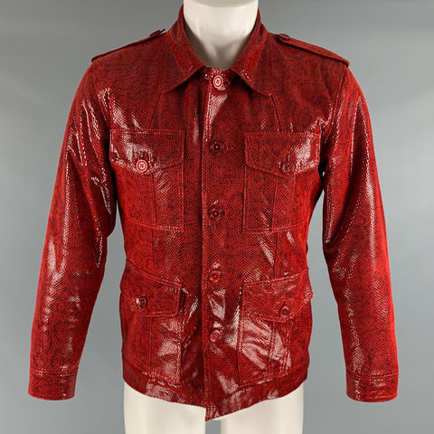 LEATHER CULT Taille L Veste en Daim Imprimé Serpent Rouge Marron