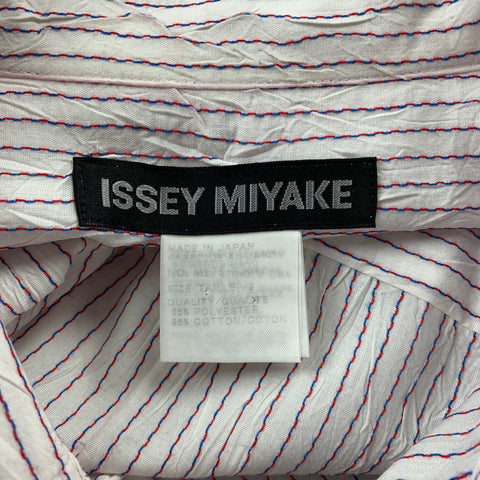 ISSEY MIYAKE Size L Beige & Red Stripe Wrinkled Polyester / Cotton Long Sleeve Shirt
