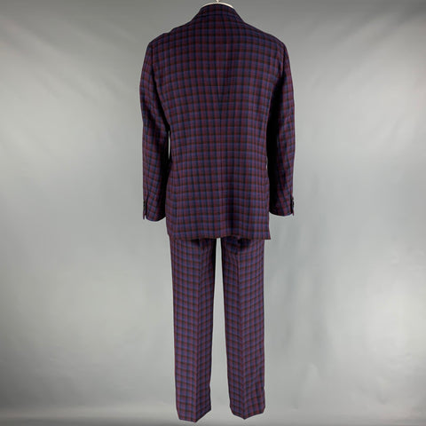 ETRO Chest Size 48 Navy Red Checkered Wool Single Breasted 37 31 Suit