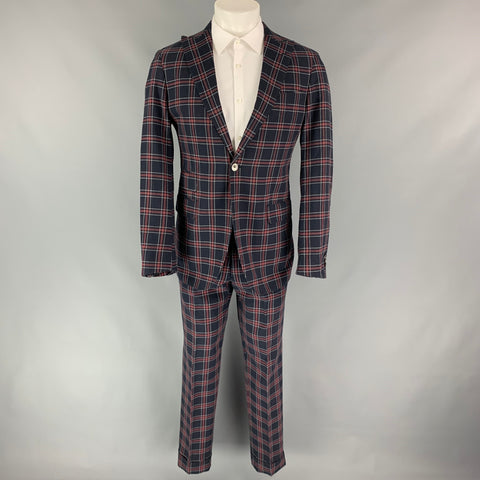 MICHAEL BASTIAN Size 40 Navy & Red Plaid Cotton Peak Lapel Suit