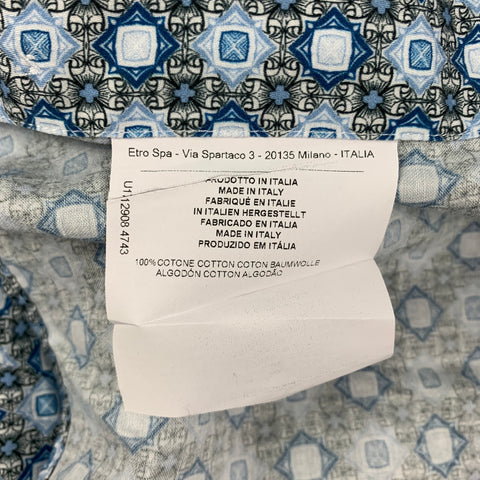 ETRO Size XL Blue & White Abstract Floral Cotton Long Sleeve Shirt