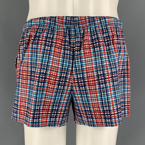 PRADA Size 36 Blue & Red Plaid Drawstring Swim Trunks