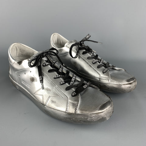 GOLDEN GOOSE SUPERSTAR RAY Size 10 Silver Metallic Leather Star Patch Lace Up Sneakers