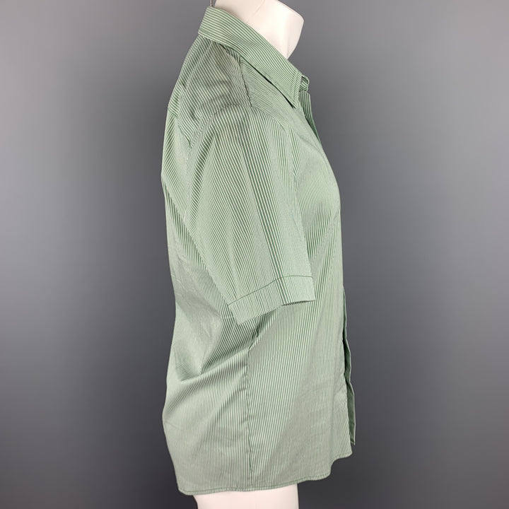 MR. TURK Size S Green Stripe Cotton Blend Button Up White Short Sleeve Shirt