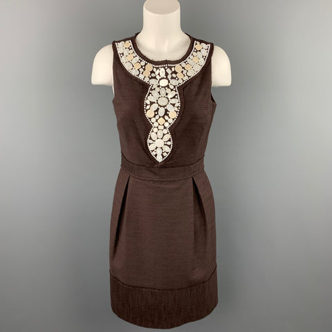 MILLY Taille 6 Robe fourreau en polyester / coton perlé texturé marron
