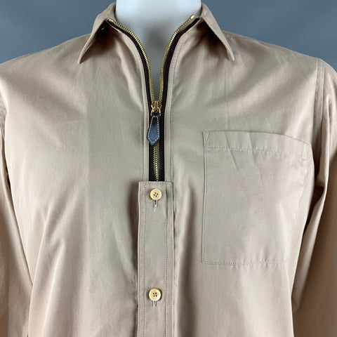 BURBERRY Taille S Chemise à manches longues en coton beige avec demi-fermeture éclair