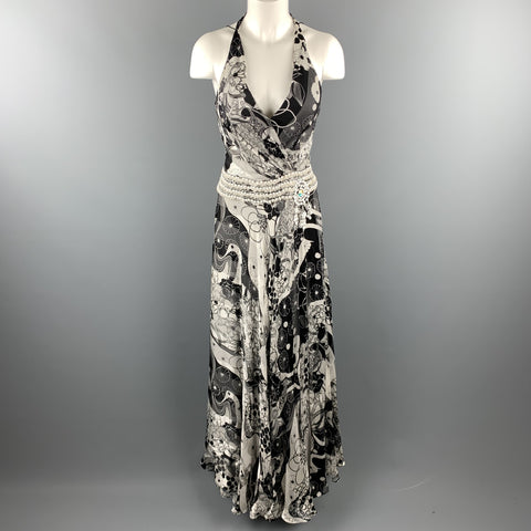 NAEEM KHAN Size 6 Black & White Floral Silk Beaded Halter Gown