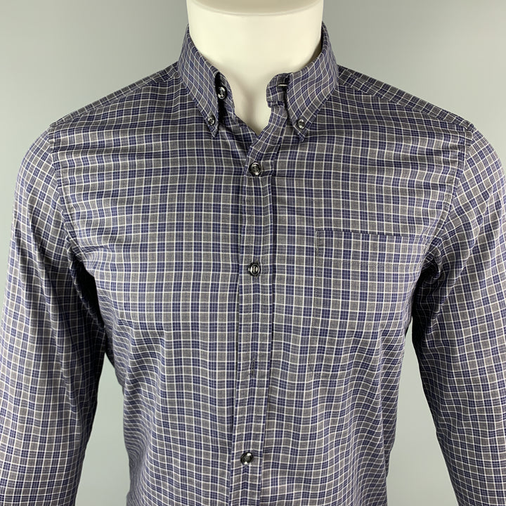 YVES SAINT LAURENT Size S Gray & Navy Plaid Cotton Button Down Patch Pocket Long Sleeve Shirt