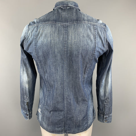 G-STAR Size L Indigo Wash Cotton Patch Pockets Long Sleeve Shirt