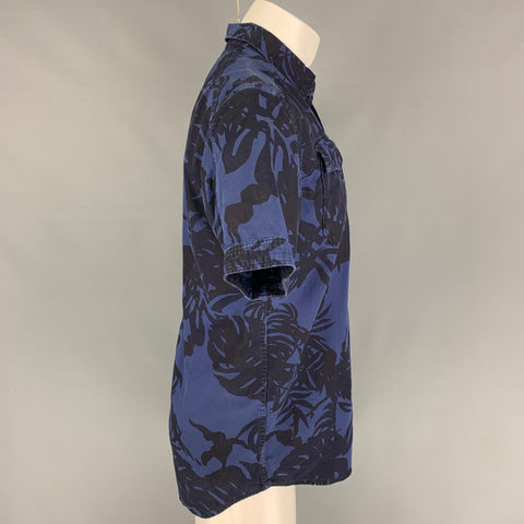 G-STAR Size M Navy Black Leaf Print Cotton Short Sleeve Shirt