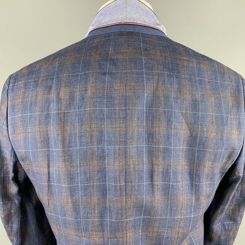 TOMMY HILFIGER Size 40 Navy & Brown Plaid Linen Notch Lapel Sport Coat