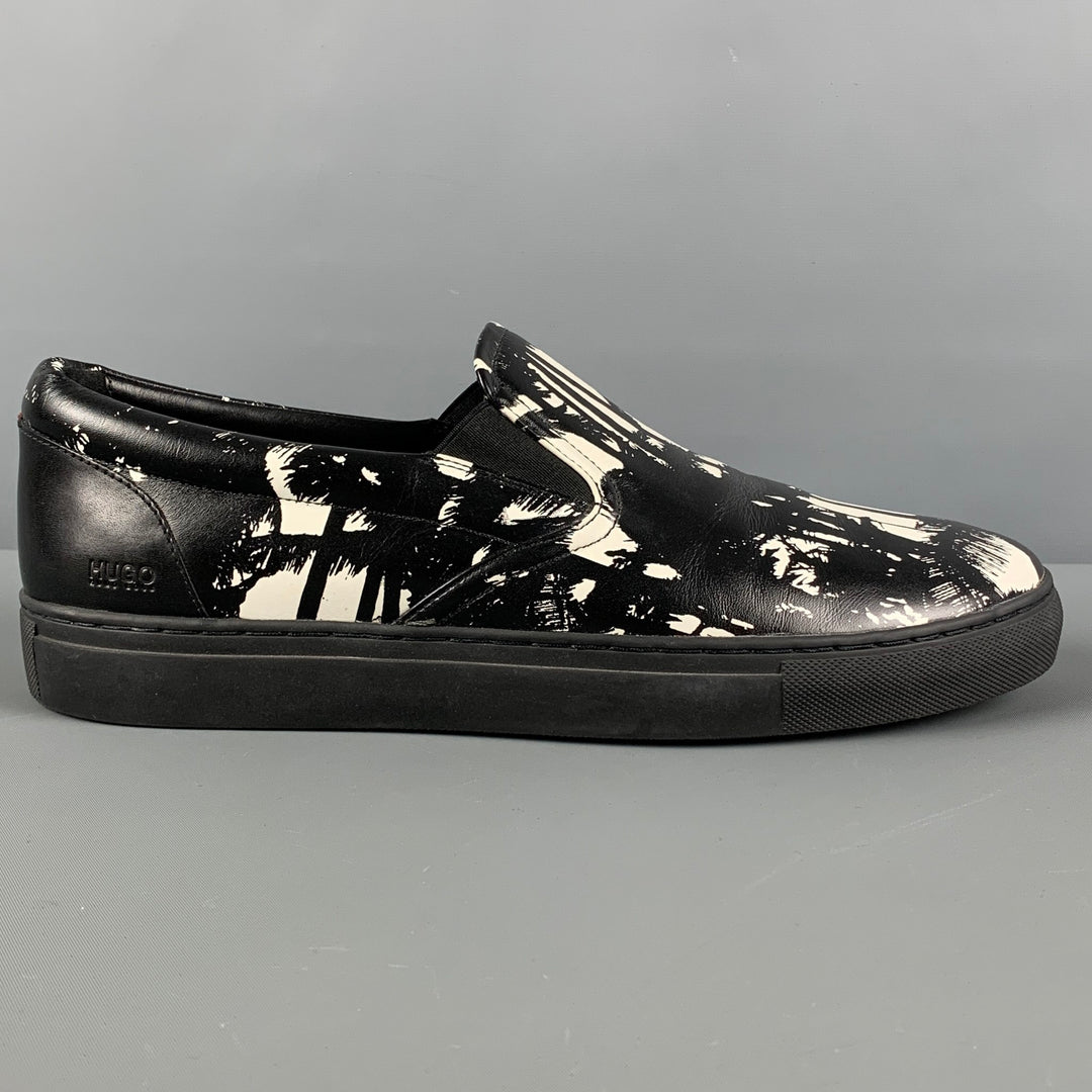 HUGO BOSS Talla 10 Zapatillas de deporte de cuero con estampado blanco y negro