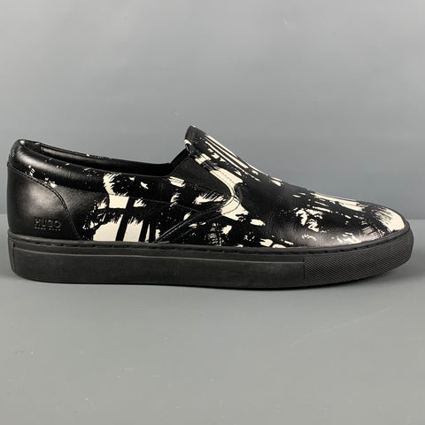 HUGO BOSS Size 10 Black White Print Leather Sneakers