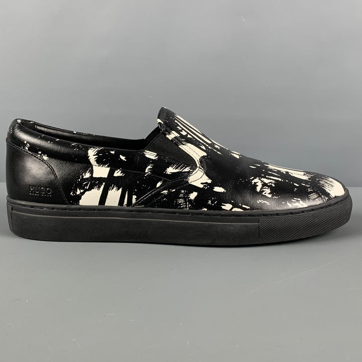 HUGO BOSS Talla 10 Zapatillas de deporte de cuero con estampado blanco y negro
