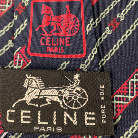 CELINE Navy Red Diagonal Stripe Silk Tie