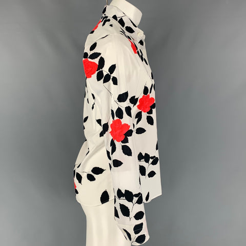 AGNÈS B. Size M White Black Red Floral Cotton Button Up Long Sleeve Shirt