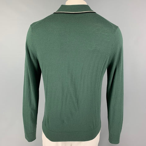TODD SNYDER Size L Green Striped Trim Merino Wool Long Sleeve Polo