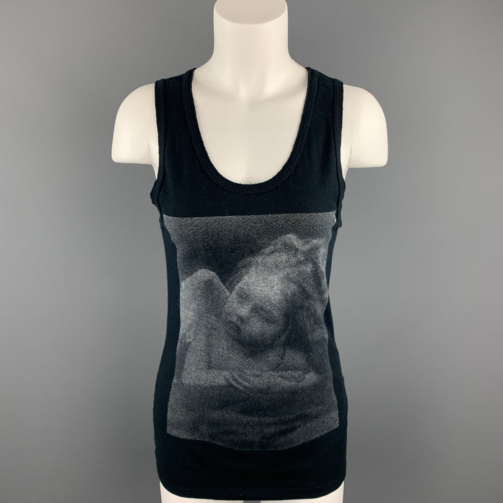 ANN DEMEULEMEESTER Size 6 Black Graphic Cotton Casual Top